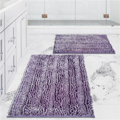Bathroom Rugs Set 2 Pieces Light Purple Butter Chenille, Shiny Noodle Bath Mat Rug Set with Non Slip Backing, Super Water Absorbent Machine Washable 31x20 and 24x16 Inch, Lavender