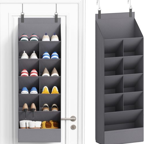 6 Tier Over the Door Shoe Organizer with 11 Large Deep Pockets, Fabric Hanging Shoes Shelf for Closet, Dorm Storage, Fit Up to 12 Pair Shoe Rack Holder for Sneakers, Boots, Gray