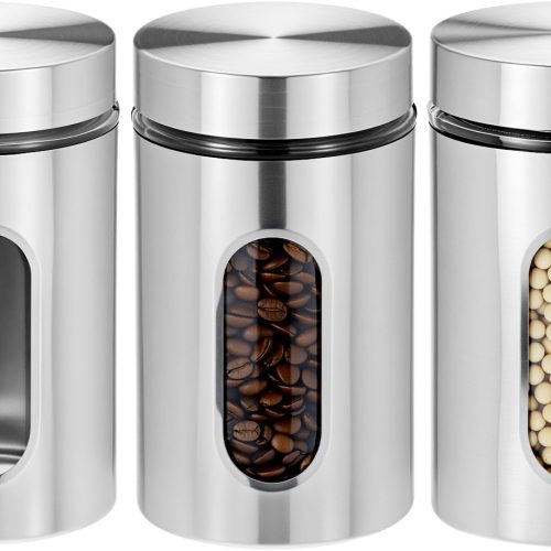 Stainless Steel & Glass Airtight Kitchen Canisters Set, 3 Pack 32 oz Coffee, Sugar, Tea, and Candy Storage Jars with Large Transparent Windows, 32 oz Laege Capacity
