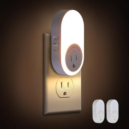 Night Lights Plug Into Wall, Dusk to Dawn Sensor Night Light with Power Outlet, CCT 2200K or 4000K, 5Lm or 20Lm Adjustable Brightness for Bedroom, Kitchen, Living Room, Office, 2PK
