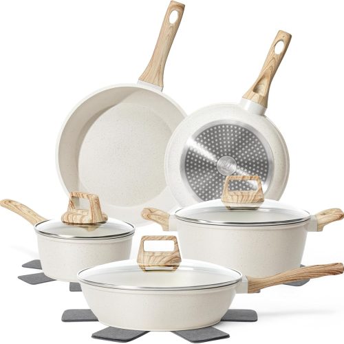 12 Pcs Pots and Pans Set Non Stick, Cookware Sets White Granite Induction Cookware, Non-toxic Healthy Nonstick Kitchen Cooking Set with Frying Pan Set, Saucepans (PFAS/PFOA/PFOS Free)