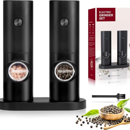 Electric Salt and Pepper Grinder Set, One Hand Adjustable Coarseness, Battery Powered, Seasoning Tools for Kitchen, Dining or Gifts, Black