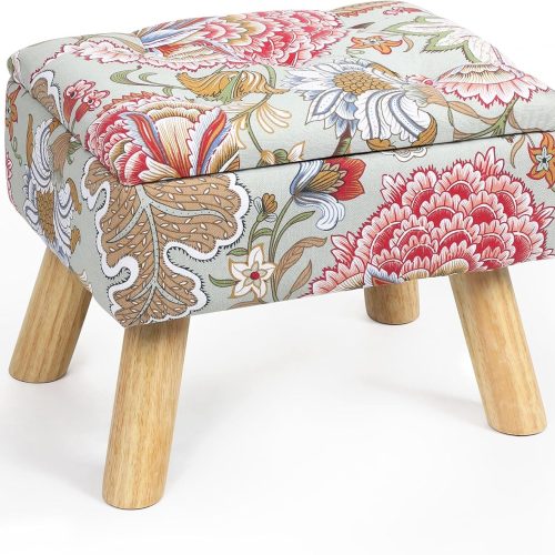 Square Storage Ottoman with Sturdy Wood Legs, Tufted Upholstered Footstool 14.5”L × 10.6”W × 11.4”H Boho Floral Upholstered Storage Footrest, Suitable for Living Room, Bedroom, Couch, Enterway