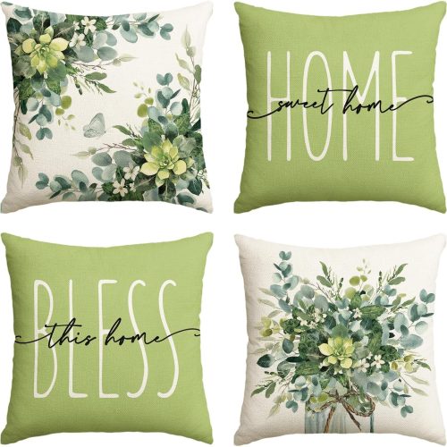 Colorlife Home Sweet Home Eucalyptus Leaves Green Throw Pillow Covers, 18x18 Inch Spring Summer Seasonal Decorations Set of 4