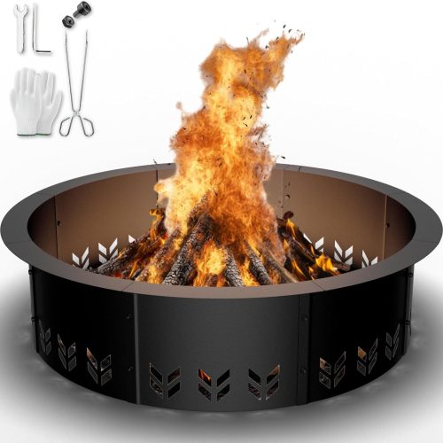 Outdoor Smokeless Fire Pit Ring Insert, Heavy Duty 30 Inch Inner|36 Inch Outer Diameter, Metal Round Fire Ring for Outside Wood Burning, Black