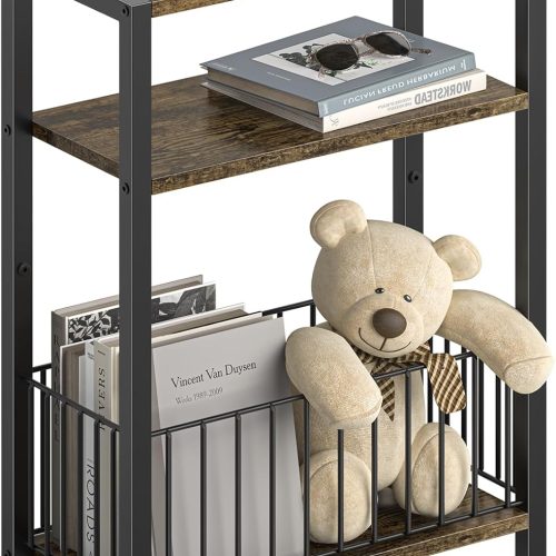 Narrow Side Table with Storage Basket, Small End Table for Small Spaces Skinny Side Tables Living Room Bedroom, Slim Nightstand 3 Tier Bedside Table Space-Saving for Magazine, Rustic Brown