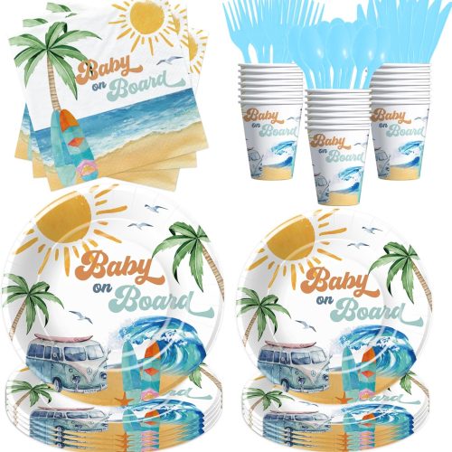 APOWBLS Surf Baby Shower Decorations Tableware, Baby On Board Decorations, Paper Plate, Cup, Napkin, Disposable Cutlery, Summer Wave Beach Surfing Party Supplies For Serve 24