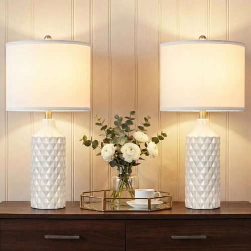 Qingmiao 25'' Ceramic Table Lamps Set of 2, 3-Way Dimmable Nightstand Lamps for Bedroom, End Table Lamps for Living Room Console Entry Farmhouse Home Decor, New House Warming Gifts
