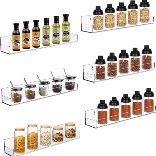 Clear Acrylic Spice Rack Wall Mounted 15 inch Floating Shelf with Removable End Guards for Kitchen Cabinet Door Cupboard Bathroom Holds Jars Nail Polish Books Toiletries 6 pcs