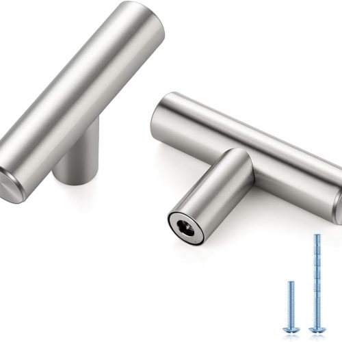 30 Pack Brushed Nickel Cabinet Knobs - Kitchen Silver Pulls for Drawer Stainless Steel Dresser Hardware 2in Length Single Hole T Bar, RDT50LS30