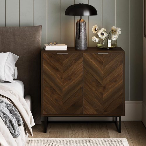 Nathan James Enloe Modern Sideboard Buffet Storage Accent Cabinet with Doors in a Rustic Walnut Finish and Black Matte Metal Base for Hallway, Entryway, Kitchen or Living Room, Walnut/Black