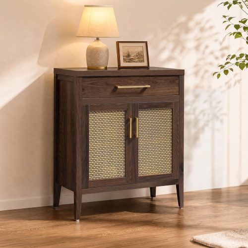 SICOTAS 30" Kitchen Sideboard Buffet Cabinet with Storage, Modern Coffee Bar Cabinet with Adjustable Shelves & Gold Mesh Doors, Storage Cabinet with Drawer for Living Room Entryway, Espresso Walnut