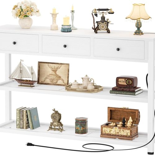 Ecoprsio 47'' Entryway Table with Outlets and USB Ports, Console Table with 3 Drawers, Sofa Table Narrow Long with Storage Shelves for Living Room, Couch, Hallway, Foyer, Kitchen Counter, White