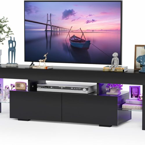 JUMMICO TV Stand, Modern Lighting TV Cabinet Entertainment Center Media and Open Shelf, TV Console Table with 1 Drawer and Remote Control, 20 Color LED Lights up to 70 Inch TV (Black)
