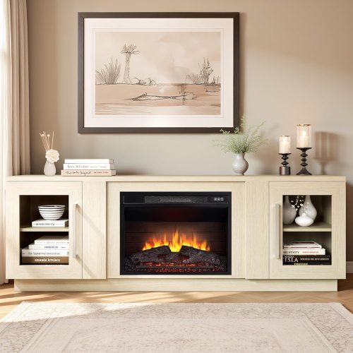 Cheerway 3D Fireplace TV Stand for TVs up to 80’’, Wooden Media Entertainment Center Table & TV Cabinets w/Storage Shelves & Barn Door, Electric Fireplace w/Remote Control, Antique White
