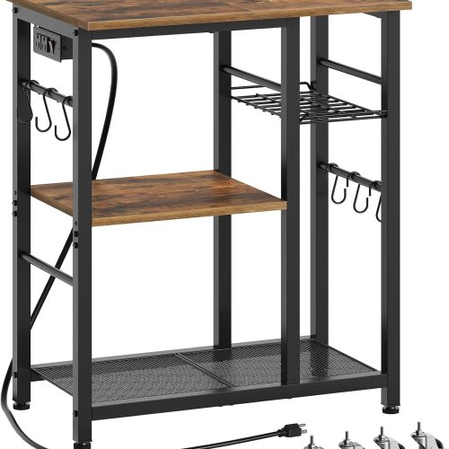 YATINEY Movable Bakers Rack, Microwave Stand with Charging Station, Kitchen Storage Rack with Hooks and Basket, Casters and Adjustable Feet, for Small Space, Kitchen, Dining Room, Rustic Brown HB04UBR
