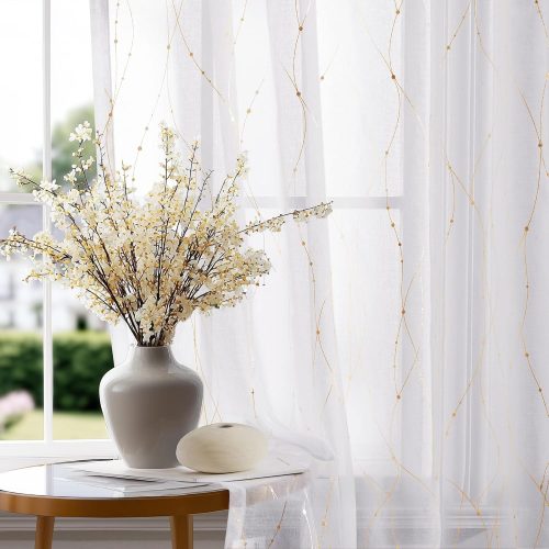 Deconovo Oeko-TEX Certified Sheer Foil Print Curtains – 2 Panels, Grommet Top – Elegant Light-Filtering Drapes for Living Room & Bedroom, Airy Privacy & Easy Care White & Gold Silver 52W x 96L Inch