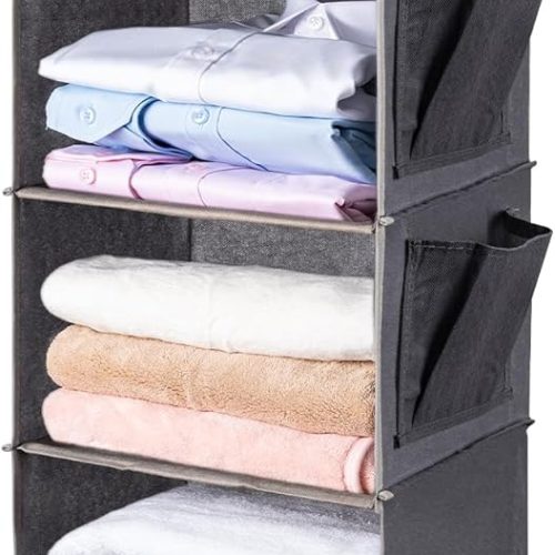 BOOMIBOO Hanging Closet Organize and Shelves，5-Hanging Shelf with 2 Side Pockets，Storage Foldable （Grey）