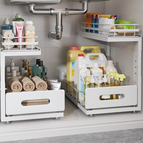 Under Sink Organizer Upgrade To Professional Rails,2-Tier Dual Pull Out Cabinet Storage,Height Adjustable Slide Out Drawers For Bathroom Kitchen,2 Pack-14.5" Dx12.8-16.9" H,White