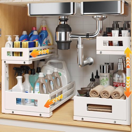 2-Pack Under Sink Organizers and Storage,2-Tier L Shape Pull Out Cabinet Organizer With Round Tube Slide Rails,Hight Adjustable Slide Out Drawers for Kitchen&Bathroom,Multi-Purpose Storage Shelf-White