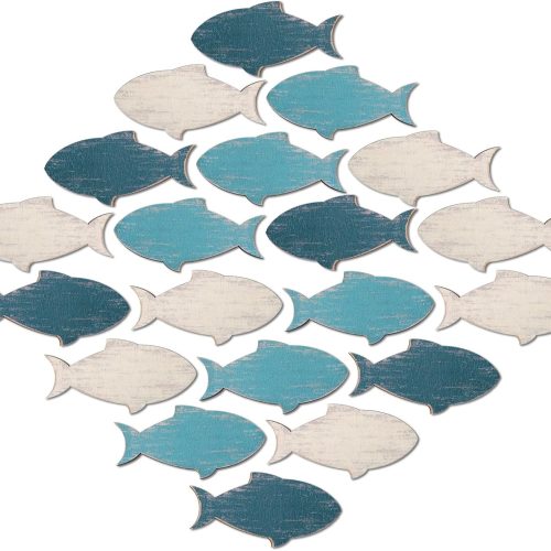 Weysat 20 Pcs Wooden Fish Wall Decor Nautical Coastal Wood Wall Art Nursery Beach Wood Art Wooden Lake House Decor for Home Bathroom Outdoor Decoration(Fresh Color)