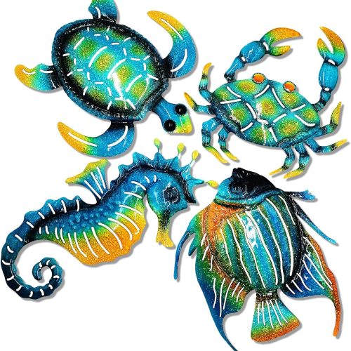 Meduofon Set of 4 Metal Outdoor Wall Art Decor, Blue Turtle Fish Crab and Seahorse Suitable for Beach Ocean Pool Decor, Metal Yard Fence Garden Children Room Bathroom Livingroom Wall Decoration