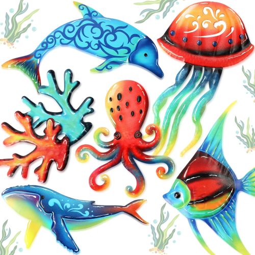 Lounsweer 6 Pcs Metal Fish Wall Art Decor, Beach Sea Turtle Wall Sculpture Outdoor Ocean Hanging Decorations for Garden, Pool, Fence, Patio, Bathroom Indoor