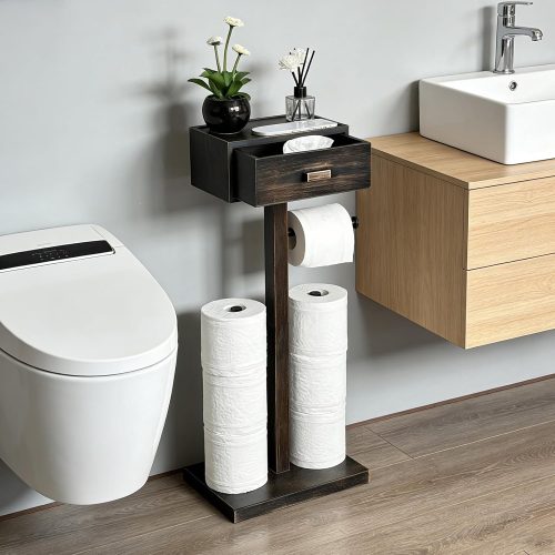 Freestanding Bathroom Toilet Paper Holder Stand with Shelf, Bamboo Toilet Paper Roll Holder with Wet Wipes Storage Drawer(Vintage Black)