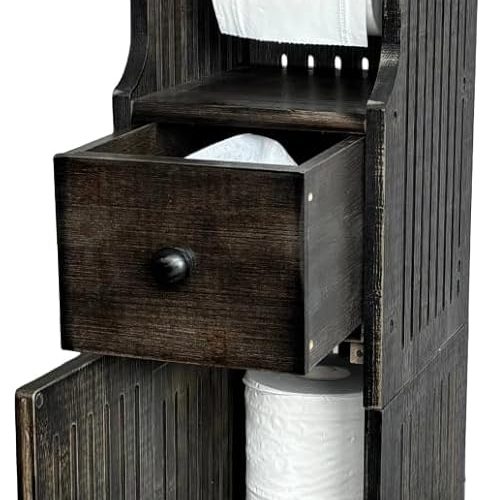 Bamboo FreeStanding Toilet Paper Holder with Storage Drawer & Shelf, Slim Cabinet for Small Spaces/Bathroom, Wipes Storage (Vintage Black)