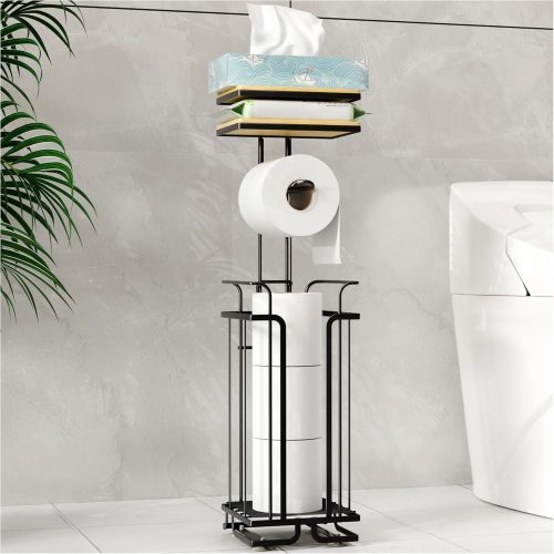 Free Standing Toilet Paper Holder with Shelf,Bathroom Toilet Paper Storage for 4 Rolls,Rustproof Metal Toilet Paper Stand with Shelf for Phone Tissues Wipes,Black