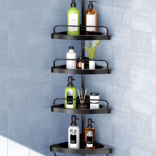 HAMITOR Corner Shower Caddy Tension Pole: Adjustable Stainless Steel Shower Organizer 4 Tier Shelf for Bathroom Bathtub Shampoo - Floor Standing Rack Bath Storage Holder with Rust Proof Rods - Black