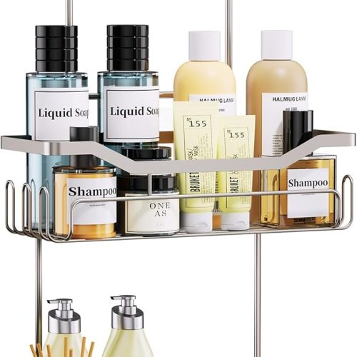 HapiRm Hanging Shower Caddy Over the Door with Soap Holder, No Drilling Adhesive Shower Organizer with 11 Hooks, Rustproof & Waterproof 304 Stainless Steel Bathroom Shelves - Brushed Nickel