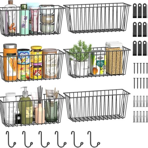Simple Trending 6 Pack Wire Basket Wall Mount Baskets Hanging Baskets, Cabinets Organizer and Storage with Hooks for Kitchen, Garage and Bathroom