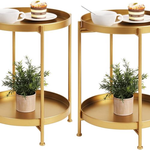 Tiita 2 Pack Round End Table Mental Side Table Nightstand/Small Wood Tables Accent Coffee Table with Wooden Tray for Living Room Bedroom Office Small Space