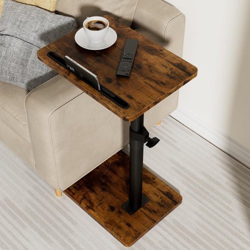 YUHFERA Sofa Armrest Tray Table for Couch - 360° Swivel Height Adjustable End for Small Spaces, Snack Side Table for Bed or Chair with Phone & Tablet Slot (Rustic,Standard)