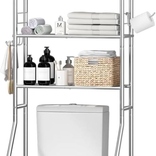 Ekisemio Over the Toilet Storage Cabinet, Metal 4 Tier Bathroom Shelves Over Toilet, Bathroom Oragnizer with 4 Hooks and Paper Holder, Chrome