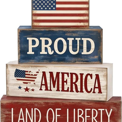 4Pcs 4th of July Decorations Red White and Blue Wood Blocks Patriotic Tiered Tray Decor Farmhouse Style Table Centerpiece for Office Memorial Day Shelf 250th Anniversar