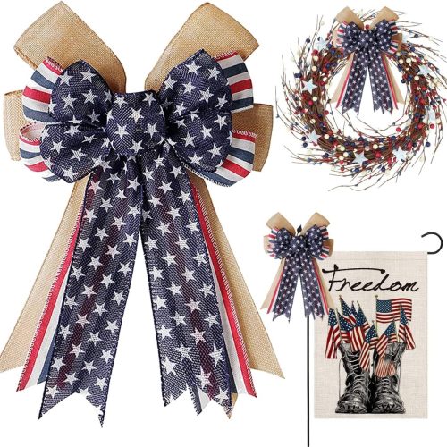 Patriotic Decor Bows for Wreaths,Burlap Red White Blue Stripe Stars Tree Topper Bow for 4th of July,Independence Day,Memorial Day,Veteran's Day,Front Door Indoor Outdoor Decorations