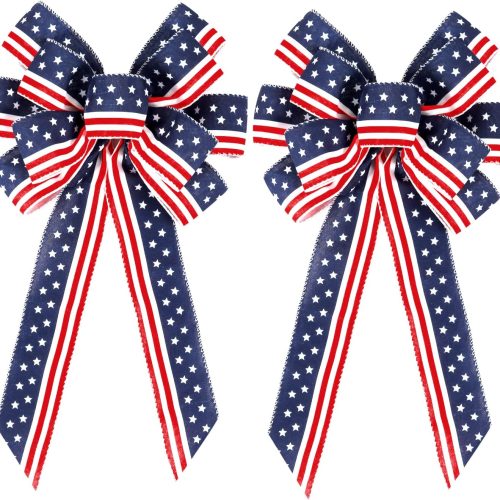 2 Pack 4th of July Decor Bow for Wreath,Red White Blue Stripe Stars Tree Topper Bows for Patriotic,Independence Day,Memorial Day,Veteran's Day,Front Door Indoor Outdoor Decorations