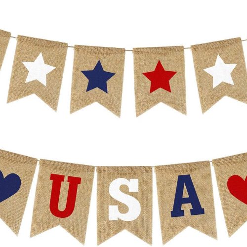 USA Banner Burlap 4th of July Decorations Rustic Patriotic Banner Red White Blue Stars Bunting Garland for President Day 4th of July Party Supplies 4th of July Patriotic Outdoor Indoor hanging Decor