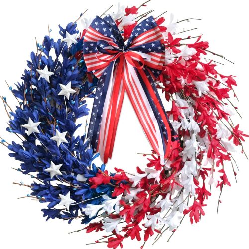 20inch Red White Blue Artificial Forsythia Flower Wreath American Flag Floral Wreaths Patriotic Decorations Wreath 4th of July Independence Day Memorial Day Flag Day Hanging Decoration