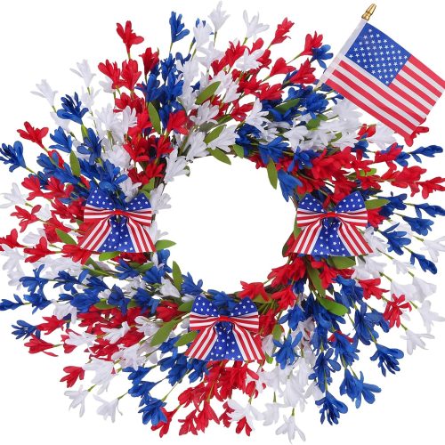 GTIDEA 24'' Patriotic Wreaths for Front Door, American 4th of July Wreath on Grapevine with Red White and Blue Forsythia Flag Bowknot Summer Wreaths for Home Wall Memorial Day Independence Day Decor