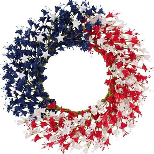 20 Inch Patriotic Forsythia Wreath for Front Door, 4th of July Independence Day Memorial Day Decor with Red White Blue Flowers, Iron Star Accents, Iron Ring, Patriotic Wreaths for Home Porch