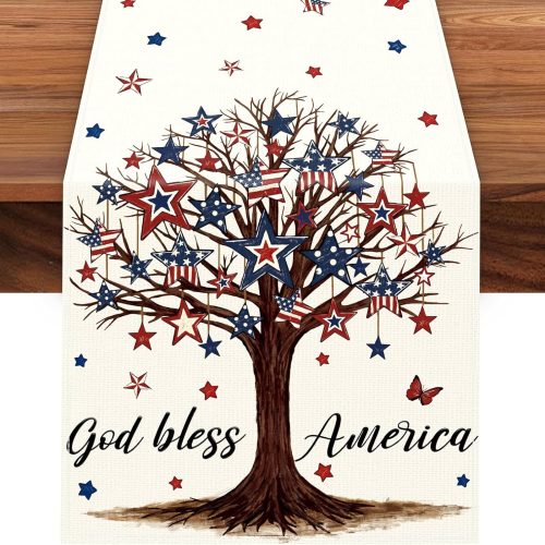 Patriotic Stars Tree Table Runner 13x72 Inch,4th of July Independence Day Americana Holiday Table Decorations for Farmhouse Kitchen Dinning Indoor Outdoor Home Party Decor
