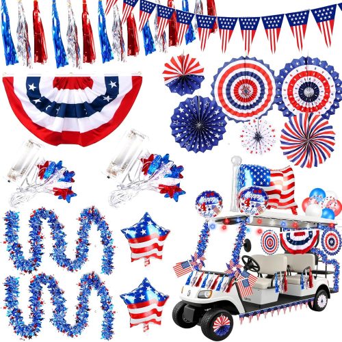 Tryly 46 PCS 4th of July Golf Cart Decorations, Patriotic Independence Day Decor with Luminous Pentagram Rope, Balloons, Flags, Windmill and Tassel, Used for Outdoor Party, Parade, Yard Decorations