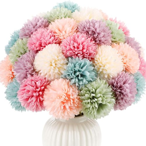 Suncalla 36 Pcs Pastel Artificial Chrysanthemum Flowers Faux Flower Ball Bouquet Silk Fake Marigold Mum for Easter St Patricks Day Spring Wedding Decor Floral Arrangement Table Centerpiece