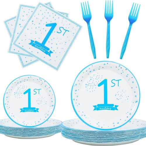 1st Birthday Decorations for Boys Blue First Birthday Party Tableware Set Baby boy Party Dessert Plates Napkins for 25 Guests