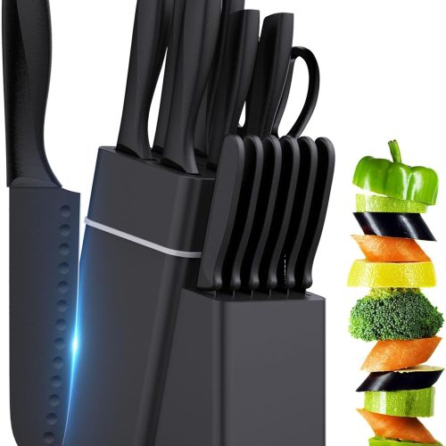 Kitchen Knife Set with Block - 15 Pieces Knife Sets with Built-in Sharpener, Dishwasher Safe, Stainless Steel Blades Kitchen Knives