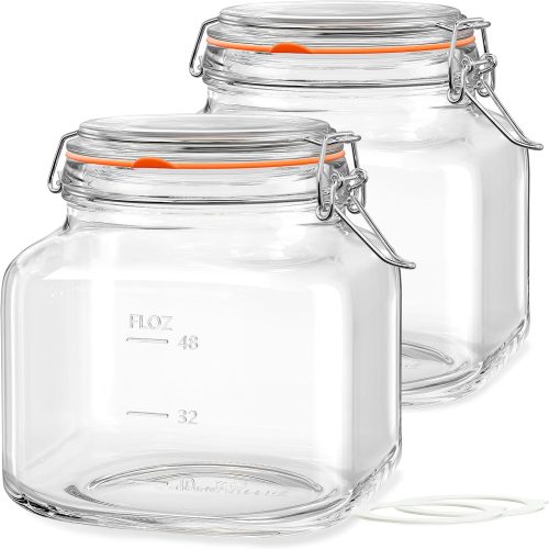 Large Glass Jars with Airtight Lid, 2 Pack Glass Food Storage Jars with 2 Scale Marks, Square Glass Canisters for Flour, Cereal, Coffee, Pasta, Cookies, Pickle, 0.6 Gallon Wide Mouth Mason Jars