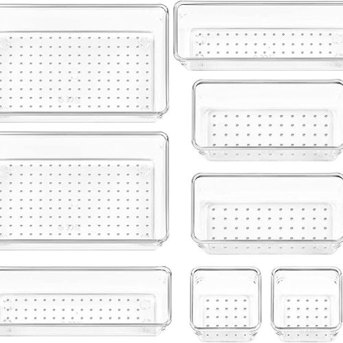 8 Pack Clear Drawer Organizer, 4 Sizes Organization and Storage Trays, Drawer Organizer Bins for Kitchen, Vanity, Bathroom, Office